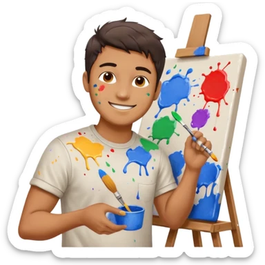 male artist painting at a canvas, smiling sticker