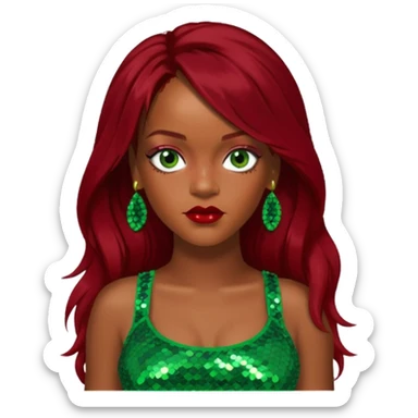Rihanna with dark red long hair, green sequin crop top, hazel eye sticker