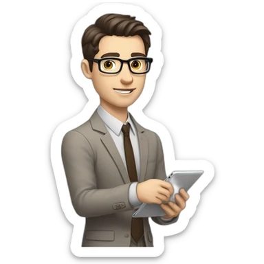 Pale skinned fit man with dark brown hair in gray jacket, beige office shirt, brown tie, brown pants and vintage glasses Writing on the tablet sticker