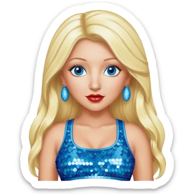 Christina Aguilera with blue eyes, long blonde hair, light blue sequin crop top, red sequin pants sticker