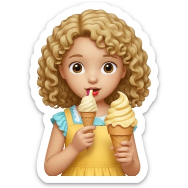 a little girl kid with curly hair, yellow dress, eat ice cream sticker