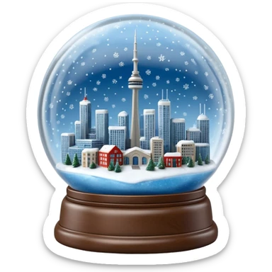 A Tiny beautiful hyperrealistic Glass Snow globe, with a miniature Toronto City,  showing the CN tower, skydome, highways and lake within the global, full of snow, expressing  a snow storm in ontario.  Isolated, 3D render  sticker