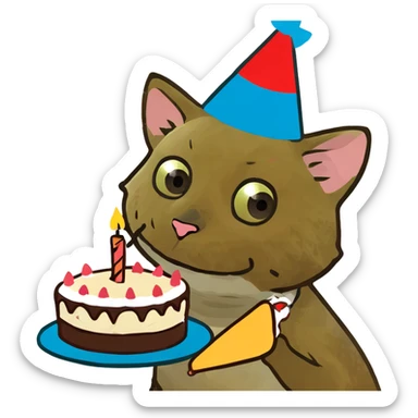 ginger tabby kitten with birthday hat and cake, surrounded by balloons and presents, joyful mood sticker