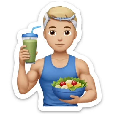 A young male person with a muscular, well-defined build. He has short dark blonde hair, a medium light skin tone, and a neutral facial expression. He wears blue cloth. He is holding a salad in one hand and a protein shake in the other. sticker