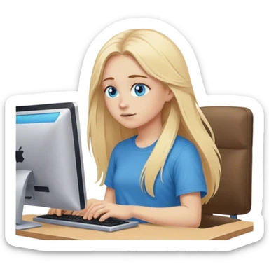 Cinematic realistic blonde with long hair, blue eyes, dressed in a T-shirt, working at a computer in a cozy atmosphere sticker