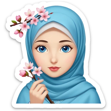 Turkish beautiful finish Konya girl blue eyes with hijab islamic dress and had on her hand cherry blossom sticker