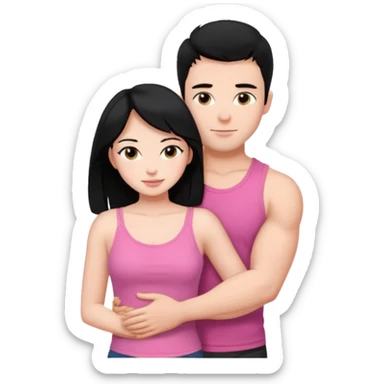 a pretty bratz fair girl. black hair, wearing a pink cami top, she is hugging a handsome fair guy with black hair. lean but muscular.the boy is wearing a black tshirt sticker