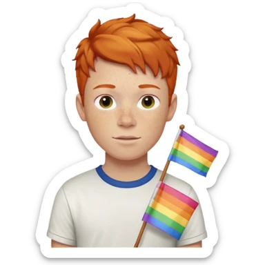 A gay, ginger, young, freckled, boy with a shirt with JUDE on it holding a pride flag sticker