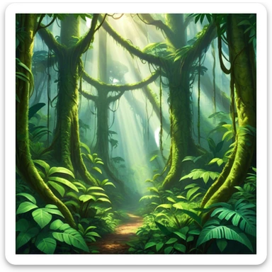 Cinematic Realistic Rainforest Emoji, Lush and vibrant, filled with towering trees, thick vines, and dense green foliage, sunlight filtering through the canopy above, creating dappled patches of light on the rich, diverse undergrowth. The air is heavy with moisture, with mist rising from the forest floor and distant calls of exotic birds and animals echoing through the trees. Soft glowing outline, capturing the essence of a thriving, untamed tropical paradise filled with life! sticker