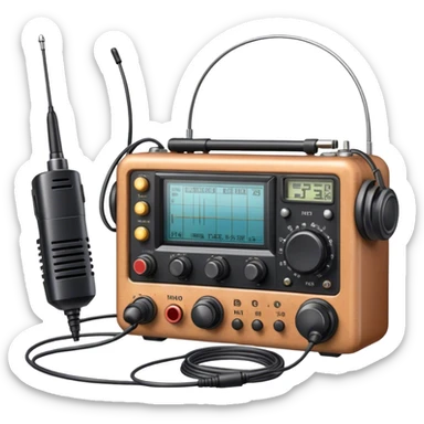 A photorealistic icon featuring a ham radio transceiver, headphones, microphone, antenna, and radio equipment like soldering tools and cables. The design includes detailed textures and realistic lighting, symbolizing the passion for amateur radio and communication. Transparent background. sticker