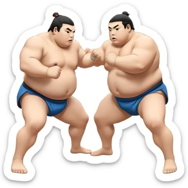 Two sumo wrestlers in a classic dohyo ring, each displaying powerful stances and ready to engage in a fierce match. One wrestler attempts a pushing attack, while the other counters with a thrust. The background shows the traditional sumo arena and spectators. Transparent background. sticker