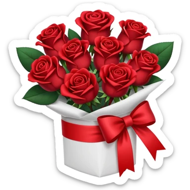 Dark red bouquet of roses wrapped in white wrapping paper with red bow sticker