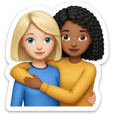 Girl best friends: one white girl with straight blond bob and blue eyes, one shorter black girl with long black curly hair, hugging sticker