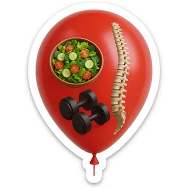 palloncino rosso con all'interno insalata, manubri da palestra e una spina dorsale anatomica realistica in 3d, isolato su sfondo bianco sticker