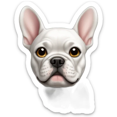 The dog is a French bulldog, white in color, with large ears, a black, small spot above the right eyebrow sticker