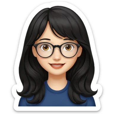 Please generate a portrait of a pretty girl with long, wavy, black hair. She's smiling. She also wears a middle parting and bangs. with glasses sticker