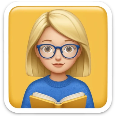 a girl with glasses wearing blue sweater reading a yellow cover book sticker