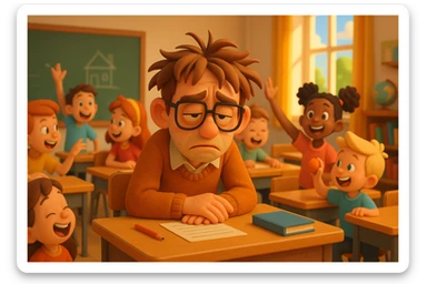 3d cartoon art of a exhausted teacher in a bustling classroom sticker