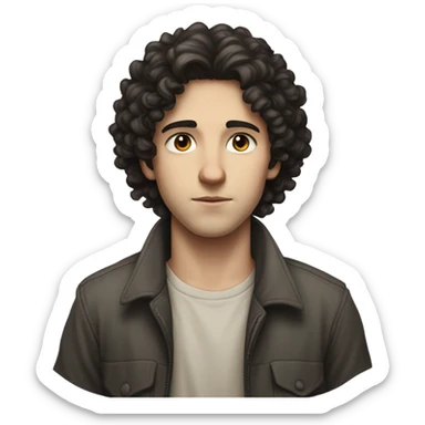 "A young man, standing, with dark curly hair, pale skin, and a thin build. He has a humble, thoughtful expression and wears simple, slightly worn clothing. A subtle Star of David appears nearby." sticker