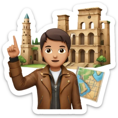 Icon for Documentary Film (TV style): A traveler pointing backward and narrating in front of ancient ruins. Include elements like historical landmarks, maps, and exploration tools to evoke a sense of adventure. Transparent background. sticker