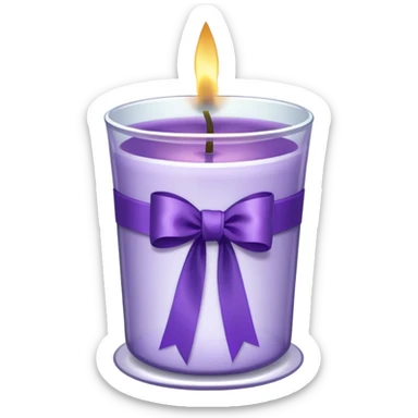 A transparent shot cup with purple wax that is lit as a candle, and purple ribbon wrapped around the cup. sticker