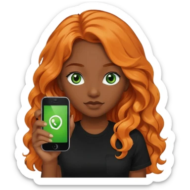 Girl with dark long orange wavy hair, green eyes, and black t-shirt and phone with black  app on hand sticker
