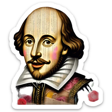 Shakespeare made of newspaper cuttings wearing flowers, stained glass, fairy lights, bokeh, annotated sketch, handwritten letters, collage of intricate patterns, roses flowers sticker