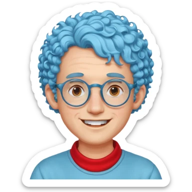 light blue haired man curly hair with big ears and red earrings and spectacles happy sticker