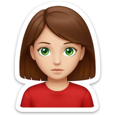 a girl with brown strait hair and has green eyes has a red t-shirt  sticker