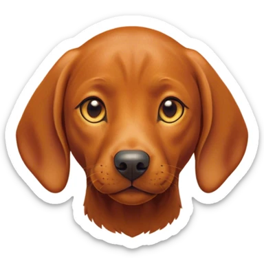 Cinematic Cute Vizsla Portrait Emoji, Head tilted playfully and inquisitively, featuring a sleek rust and gold Fur with a natural sheen, round, sparkling amber eyes filled with curiosity, Simplified yet irresistibly adorable features, highly detailed, glowing with a warm, friendly glow, high shine, affectionate and spirited, stylized with a touch of whimsy, bright and endearing, soft glowing outline, capturing the essence of a mischievous yet loving companion, so playful it feels like it could dash out of the screen and into your arms! sticker