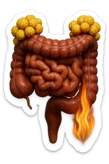 intestino umano con cellule gialle di grasso a grappoli attaccate sopra, con fiamma che brucia, iperrealistici 4k sticker