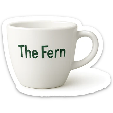 white coffee cup with 'The Fern' written on it in a friendly, modern font, minimal and clean style sticker