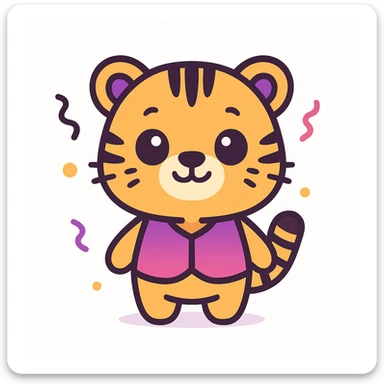cute cartoon-style male tiger mascot with neotenic features: large round head, big shiny eyes, small nose and mouth, short arms and legs, chubby body, smiling happily, standing upright, wearing a purple and fuchsia vest or shirt, surrounded by soft party elements like confetti, no objects in hands, bold outlines, soft colors purple to fuchsia gradient, gold accents, white, clean vector style, extremely cute, evokes tenderness, plain white background sticker