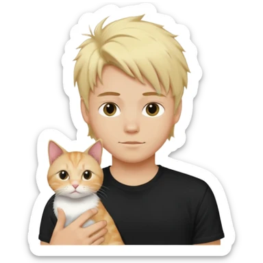 sexy boy with blond kudrnatými hair and black t-shirt with cat  sticker