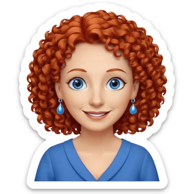 una profesora mayor simpática con el pelo rojo rizado, ojos azules, vestido azul y pendientes azules hablando sticker