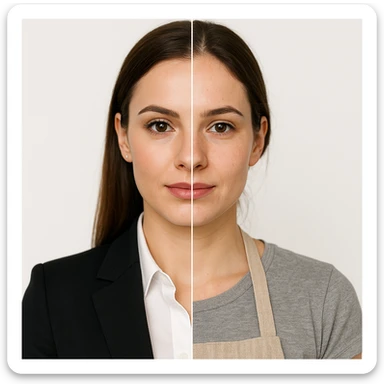 4K hyper realistic, symmetrical split-image: beautiful woman, left side with business makeup and attire, right side natural, kitchen apron, white background, clear contrast. sticker