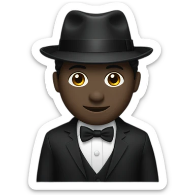 Man with cobalt black skin wearing a black formal suit with a black tie, wearing a fedora with a white band on it. sticker