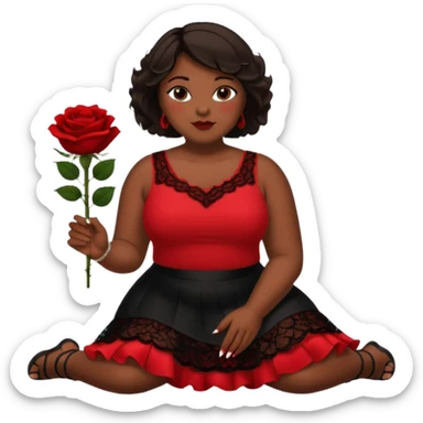 A plus-size black woman with short, straight, dark brown hair is wearing a red sleeveless shirt and a black lace ruffled skirt. She is holding a rose and sitting on the floor with her legs crossed. On the floor is a glass vase with red roses. sticker