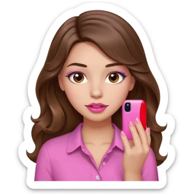 girl with long wavy brown hair, brown eyes, light to medium complexion, in a pink shirt, pink lips, long lashes, puckered lips, showing off a pink manicure sticker