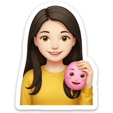 girl on her laptop, long dark hair white skin and yellow shirt long sleeves, smiling sticker