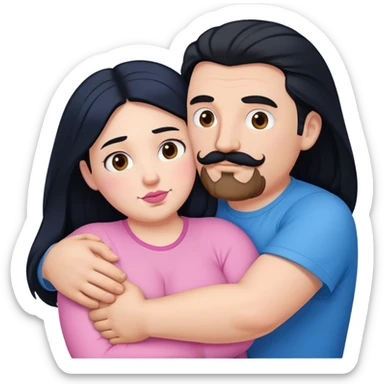 Tall strong white man with brown mustache goatee wearing blue hugging a chubby short pale woman with long black hair wearing pink sticker