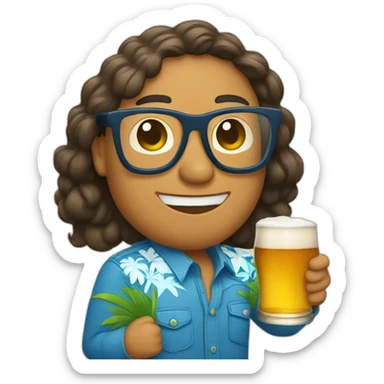 person wearing glasses alohashirt is holding beer sticker