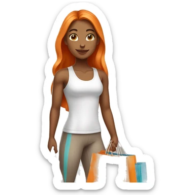 Tan girl with long orange hair wearing cute gym outfit holding shopping bags sticker