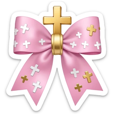 super pale pink bow confetti but the paper confetti are the pale pink bows all spread out with white tiny glitter and then with golden crosses on it and a white band in the mjddle sticker