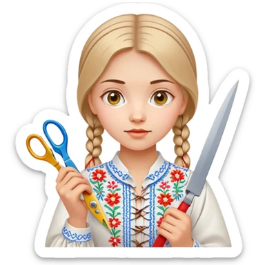 Ukrainian young girl in a white embroidered traditional shirt (vyshyvanka) holding scissors and colored cardboard sticker