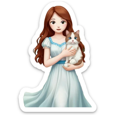 A woman with long dark auburn hair holding a white ragdoll cat in a garden full of flowers sticker