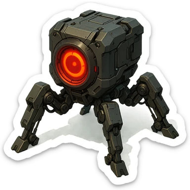 sci-fi control device with four mechanical legs and a bright red glowing circle in the middle, futuristic style sticker