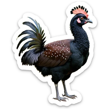 A full-body image of a large, dark-colored bird resembling a curassow or guam, standing on a white background. The bird's body is predominantly a rich reddish-brown or chestnut color, with a pattern of fine white speckling or barring sticker