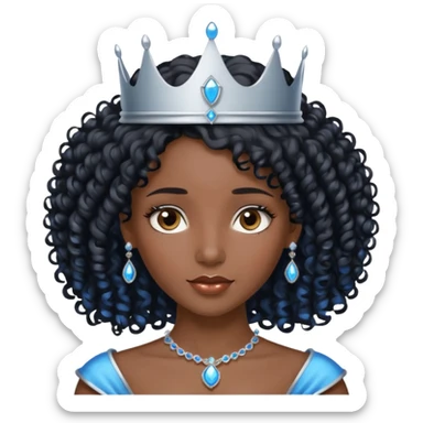 Por favor hazme el emoji de la princesa pero morena con el pelo negro y rizado, los ojos marrones y la corona plateada con jollas azules sticker