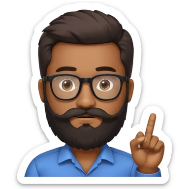 Indian software developer with beards and specs, with few white hairs in mostly black beard and hair. Hair fluffy and back brushed. Mustache pointing down and beard not neatly done sticker